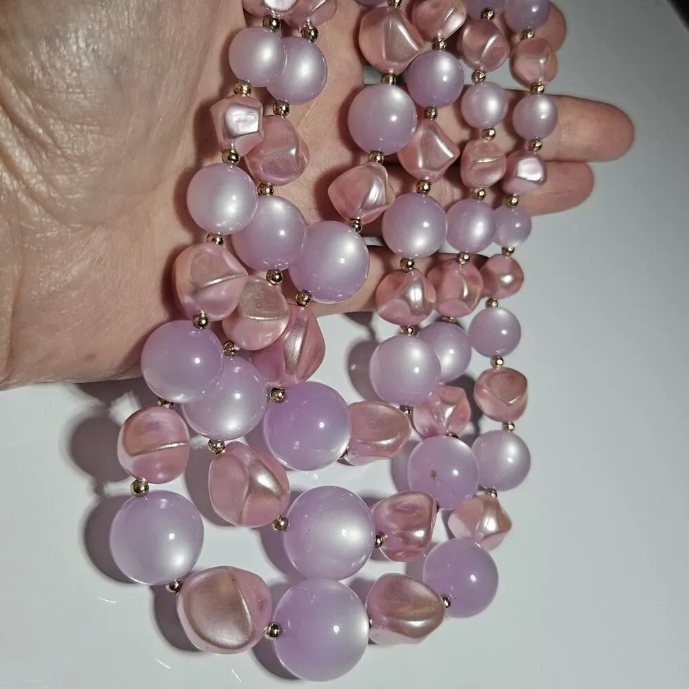 Coro Light Purple Pink Moonglow Lucite 3 Strand Beaded Necklace 16-19" - Picture 4 of 14